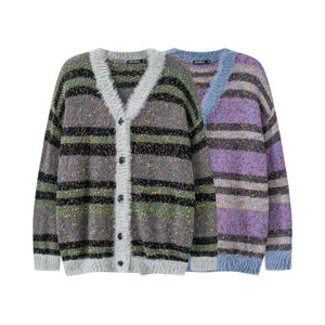 V-neck Painted Spot Contrast Stripe Oversized Cardigan