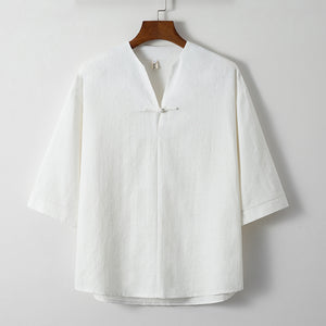 Cotton Linen Buckle Tang Suit Short-sleeved T-shirt