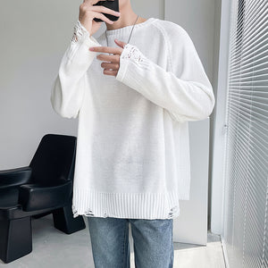 Hollow Knit Solid Color Ripped Top