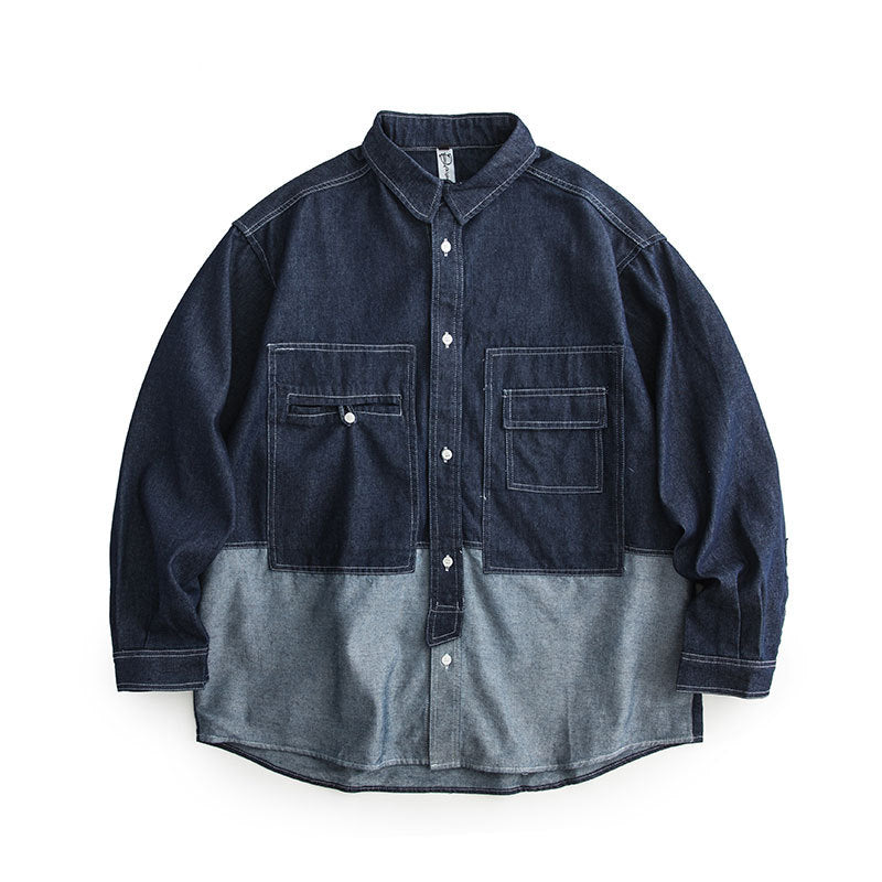 Washed Patchwork Multi-pocket Denim Shirt