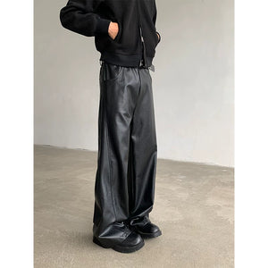 Vintage PU Leather Straight Wide-leg Casual Pants