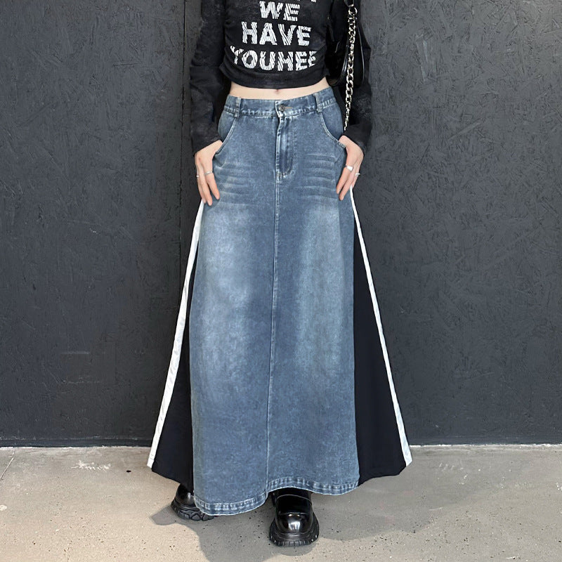 Spliced Denim Loose A-line Skirt