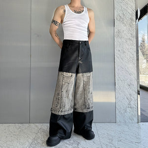 Denim and Leather Straight-leg Wide-leg Pants