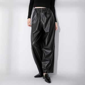 Simple Black Matte Loose Spliced PU Leather Casual Pants