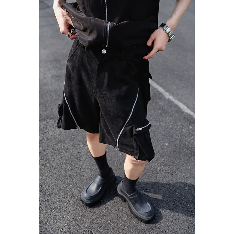 Dark Black Zip-up Multi-pocket Shorts