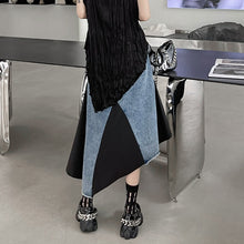 Load image into Gallery viewer, Mid-rise Asymmetrical Paneled Contrast Denim A-line Skirt
