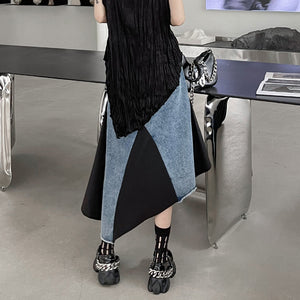 Mid-rise Asymmetrical Paneled Contrast Denim A-line Skirt