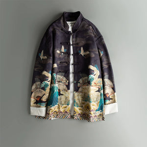 Stand Collar Disc Button Retro Pattern Print Jacket