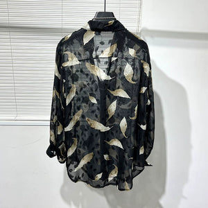 Irregular Cut-out Feather Print Casual Shirt