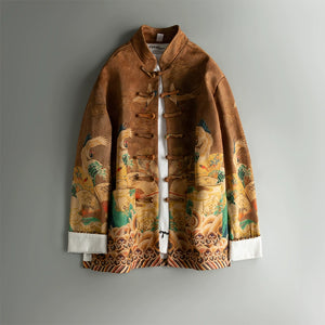 Stand Collar Disc Button Retro Pattern Print Jacket