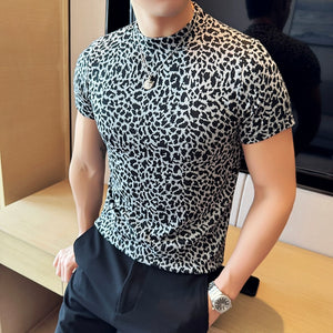 Leopard Print Slim Fit Half Turtleneck T-shirt