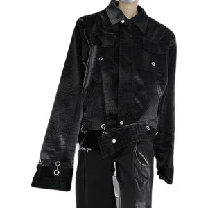 Metallic Deconstructed Leather Glossy Shoulder Padded Jacket