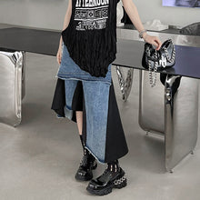 Load image into Gallery viewer, Mid-rise Asymmetrical Paneled Contrast Denim A-line Skirt
