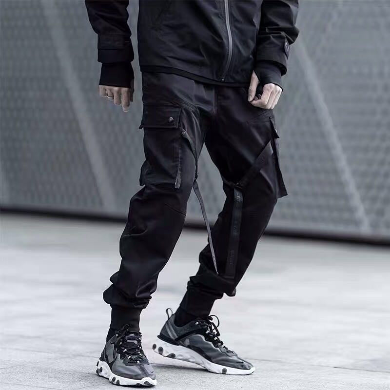 Black Slim-fit Multi-pocket Casual Pants