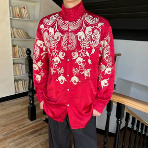 Retro Floral Embroidered Stand Collar Shirt