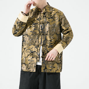 Loose Stand Collar Dragon Pattern Jacquard Disc Button Jacket