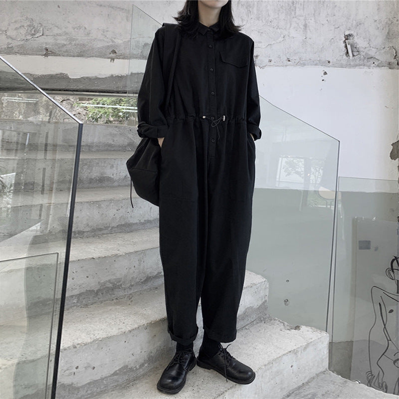 Retro Loose Black Casual Jumpsuit