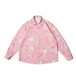 Star Print Pink Casual Lapel Long Sleeve Shirt