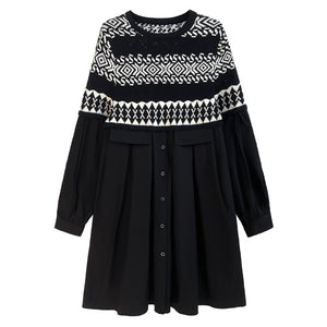 Retro Contrasting Knitted Patchwork Dress