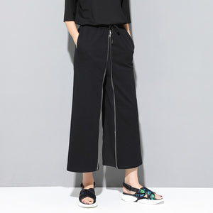 Black Zippered Wide-leg Ninth Pants