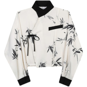 Cross-neck Lace-up Bamboo Print Long-sleeved Shirt