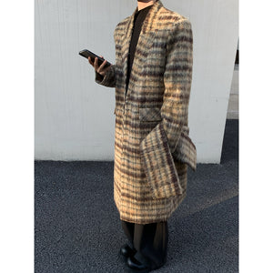 Contrast Color Long Plaid Wool Trench Coat