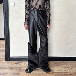 Artificial Fur Patchwork Wide-Leg Leather Pants