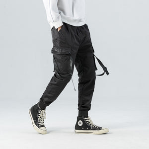 Black Slim-fit Multi-pocket Casual Pants