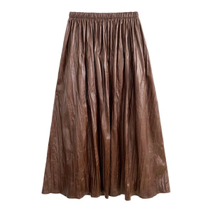 High Waist Casual Pleated Pu Leather Skirt