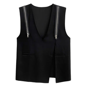 Retro Stitched Zipper Slit V-neck Vest