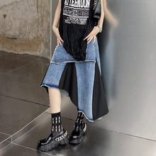 Load image into Gallery viewer, Mid-rise Asymmetrical Paneled Contrast Denim A-line Skirt
