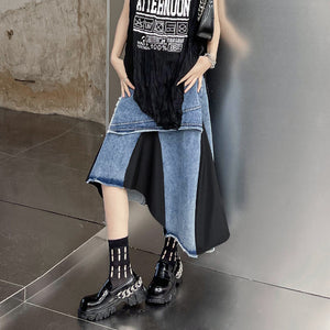 Mid-rise Asymmetrical Paneled Contrast Denim A-line Skirt