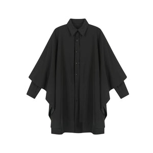 Shawl-shoulder Flared Sleeves Faux Two-piece Cape Shirt