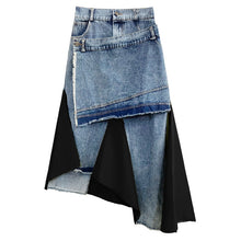 Load image into Gallery viewer, Mid-rise Asymmetrical Paneled Contrast Denim A-line Skirt
