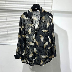 Irregular Cut-out Feather Print Casual Shirt