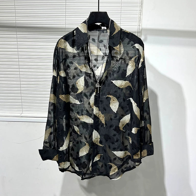 Irregular Cut-out Feather Print Casual Shirt