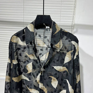 Irregular Cut-out Feather Print Casual Shirt