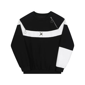 Round Neck Zip-up Off-shoulder Black And White Sweatshirt