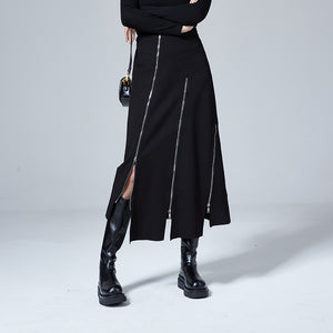 Black Irregular Zipper Slit Skirt