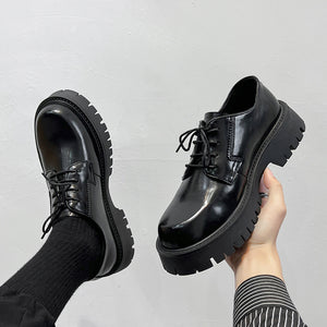 Round Toe Low Heel Lace-up Casual Leather Shoes