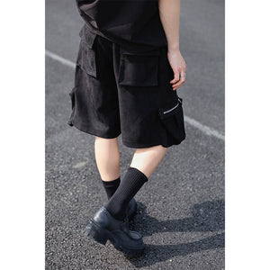 Dark Black Zip-up Multi-pocket Shorts