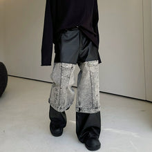 Load image into Gallery viewer, Denim and Leather Straight-leg Wide-leg Pants
