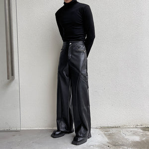 PU Leather Straight Wide-leg Casual Pants