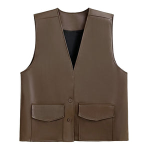 Solid PU Leather V-neck Vest