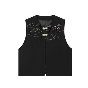 Landscape Embroidery Metal Buckle Retro Vest