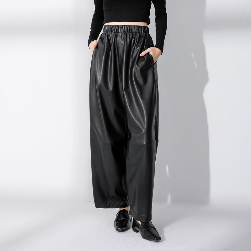 Simple Black Matte Loose Spliced PU Leather Casual Pants