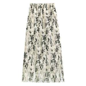 Fringed Mid-Length Pleated Floral Skirt