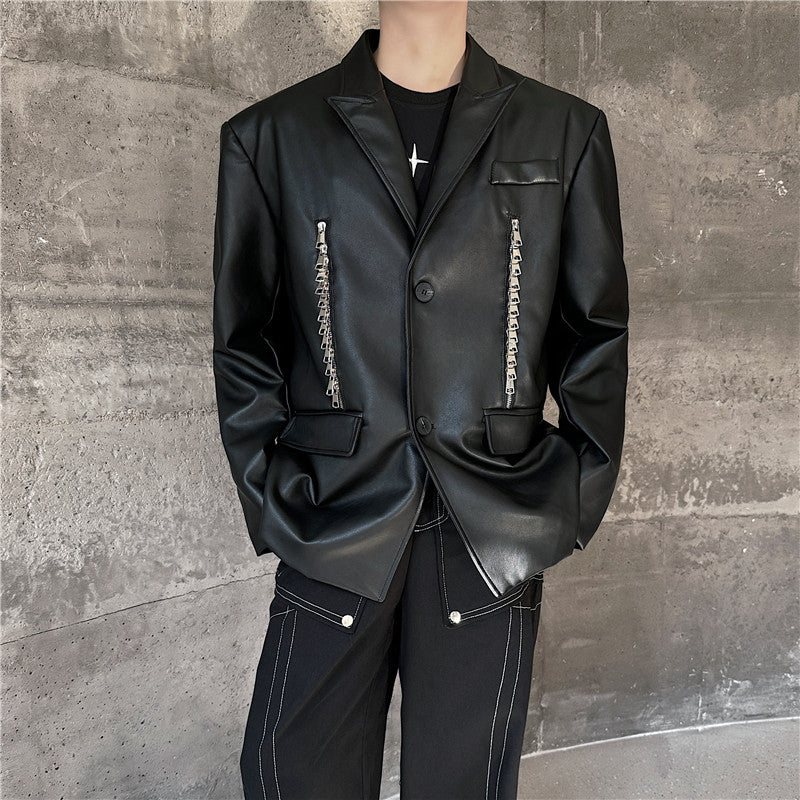 Zippered Single-breasted PU Leather Jacket