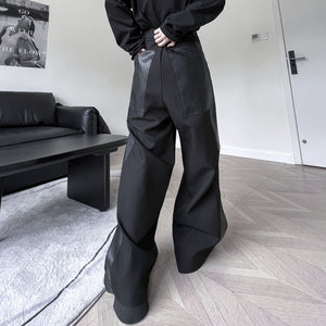 Dark Structured Patchwork Leather Wide-leg Pants