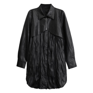 Pleated PU Leather Long Sleeve Shirt Dress